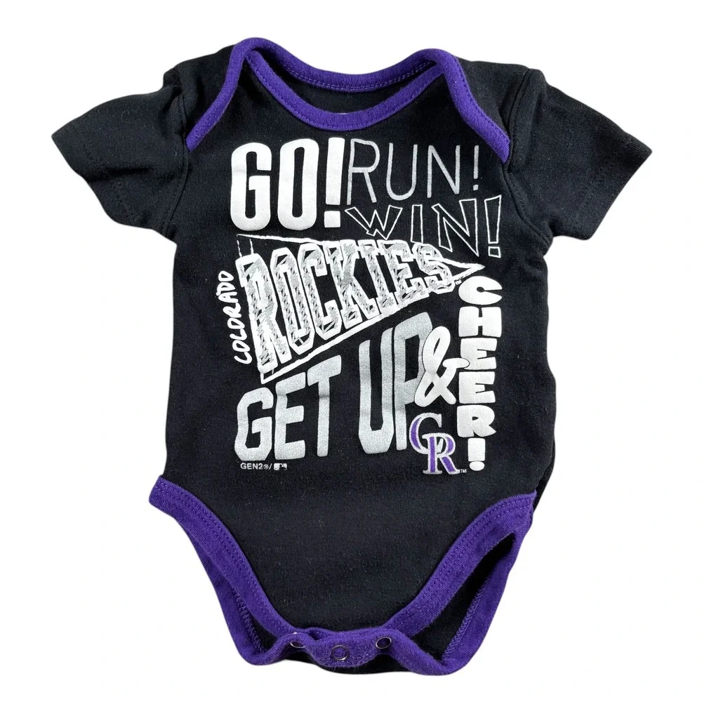 VTG Colorado Rockies‎ MLB Baby Bodysuit Black Purple 0-3M Short Sleeve cute